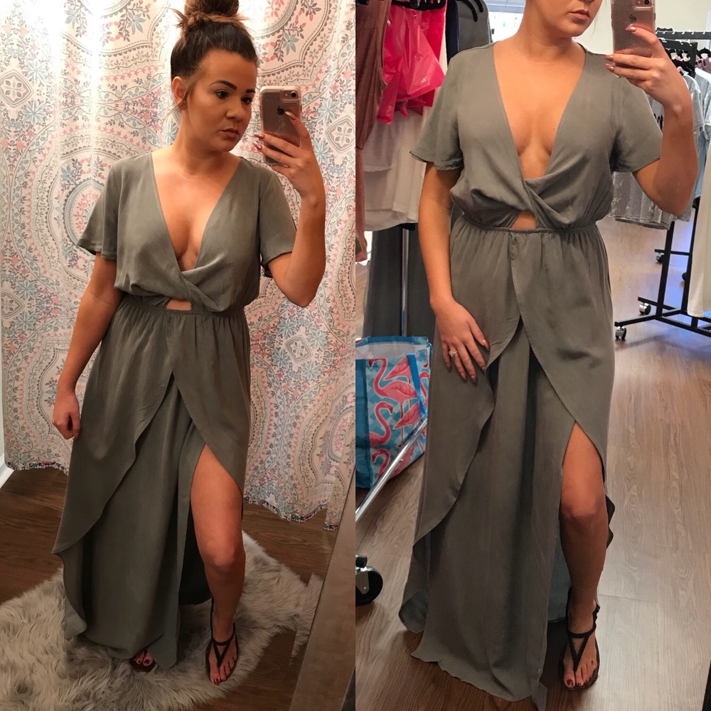 Plunge double slit maxi dress